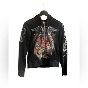 Ed Hardy Black Hoodie with Skull and Floral Design